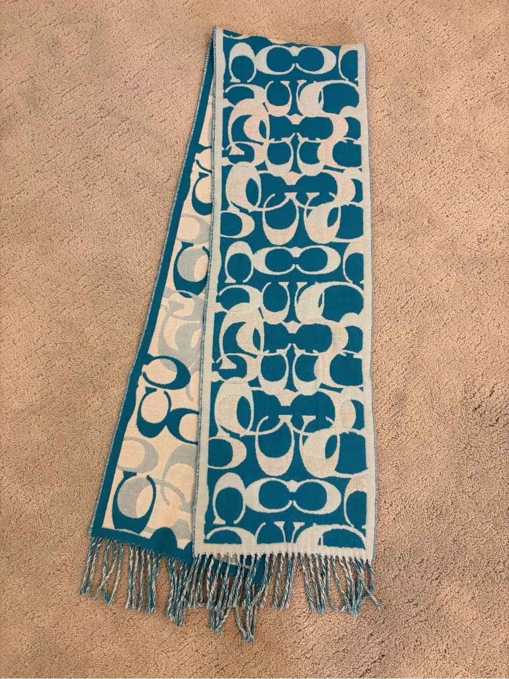 Blue Coach Signature patterned reversible scarf fringe 100% Merino Wool